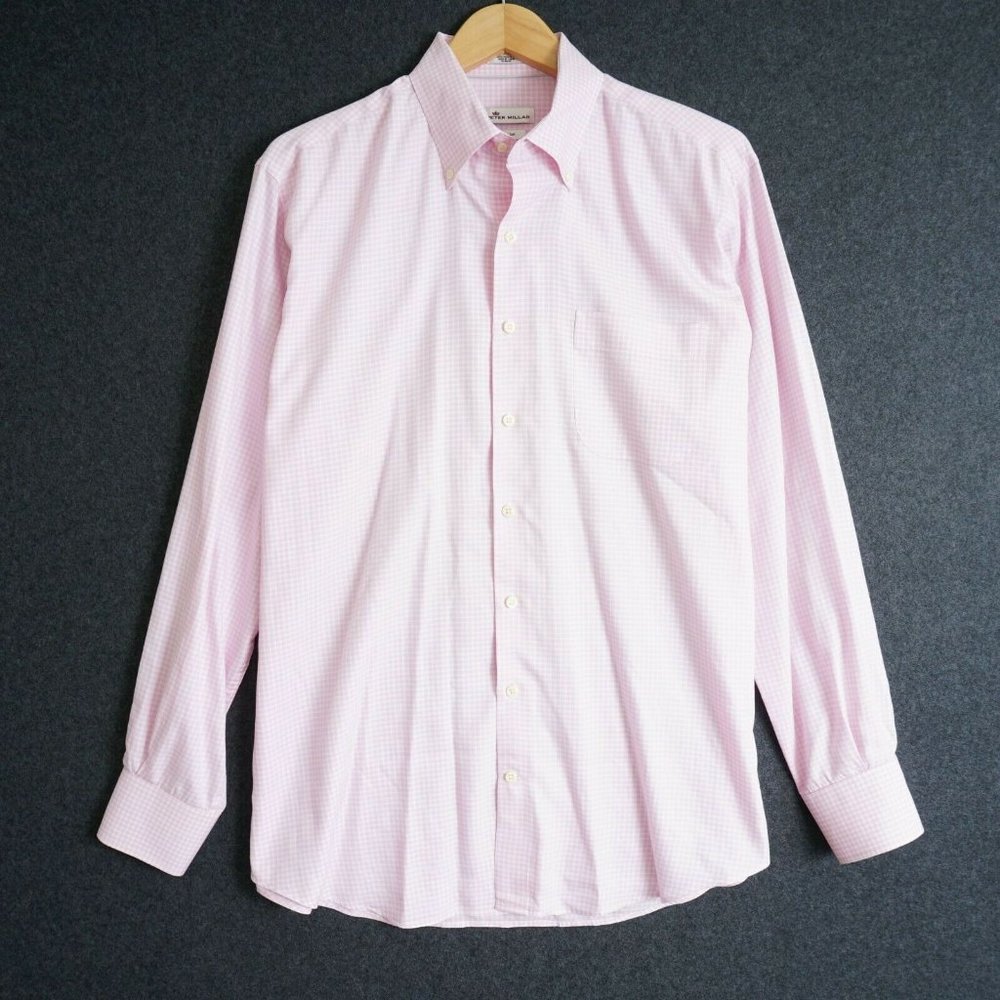 Peter Millar Crown Soft Mens Button Up Shirt Pink White Plaid Cotton Silk Large